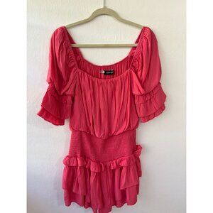 🩱Do+Be Ruffled Off Shoulder Smocked Waist Mini Dress Bright Pink Boho Chic